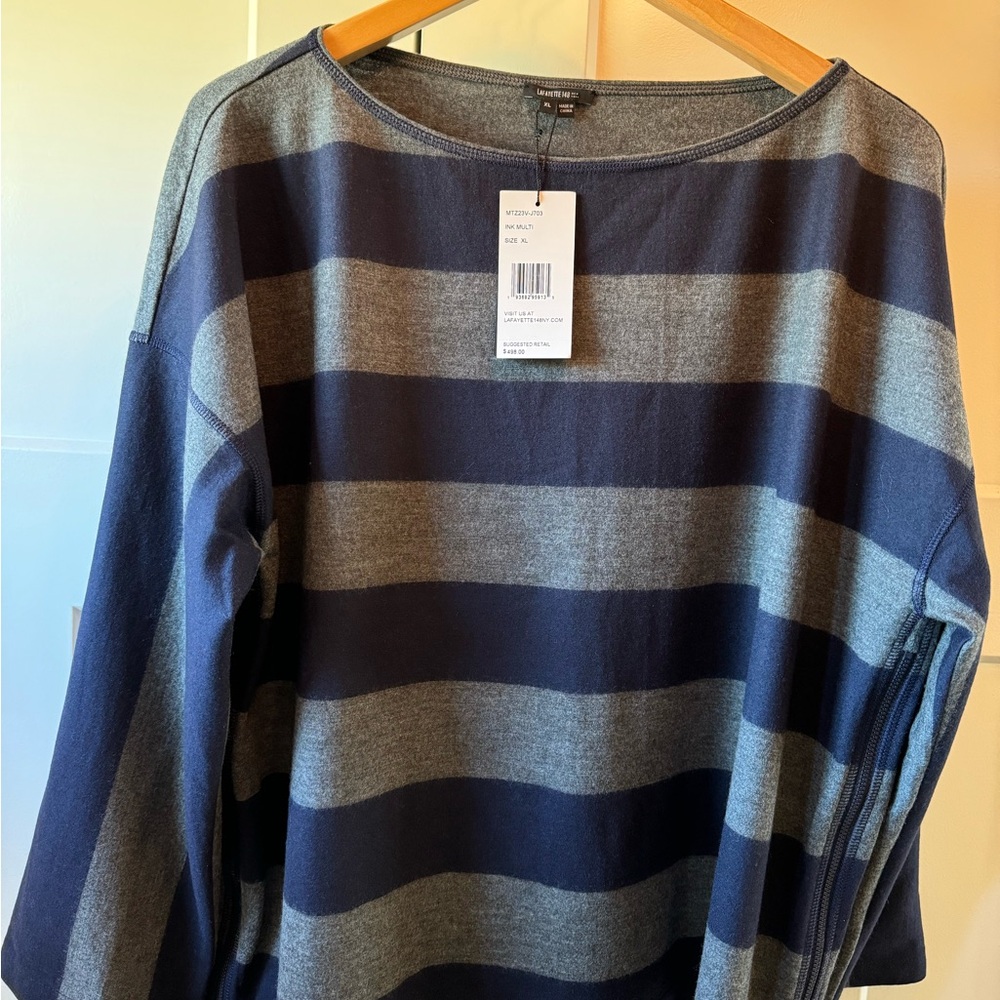 NEW with TAGS! Lafayette 148 NY, 100% wool sweater, Size XL, blue/grey stripe